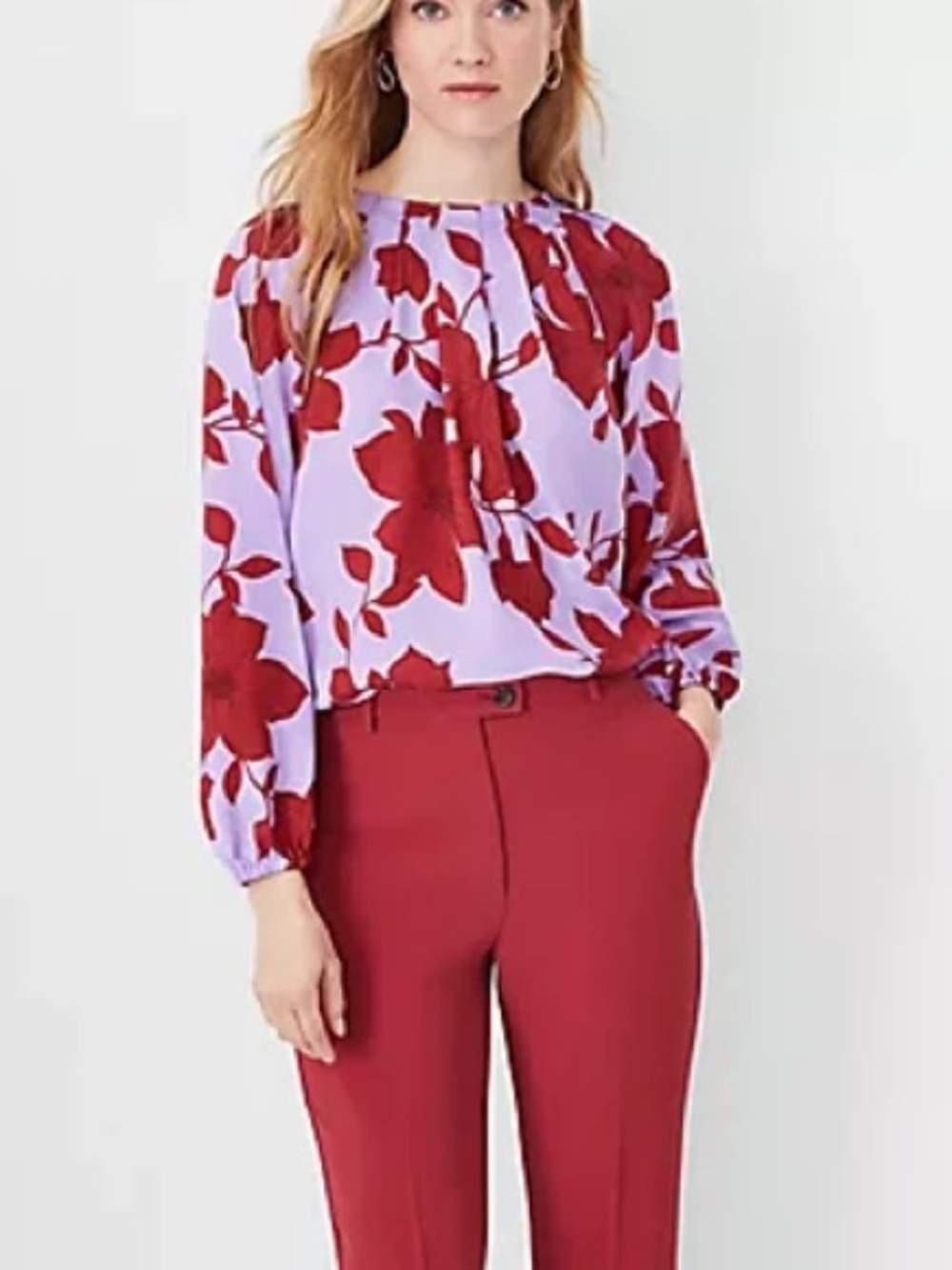 Ann Taylor Lilac Blouse with Red Floral Print